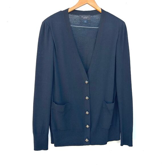 St. John Caviar Black Santana Knit V-Neck Cardigan Shell Gold Buttons XL Classic - Picture 2 of 7